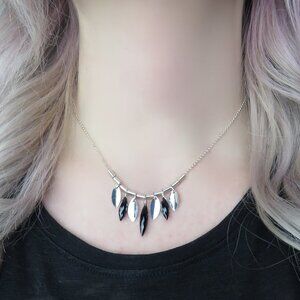 Black Spinel and Silver Leaf Statement Collar Necklace - Short Choker Length